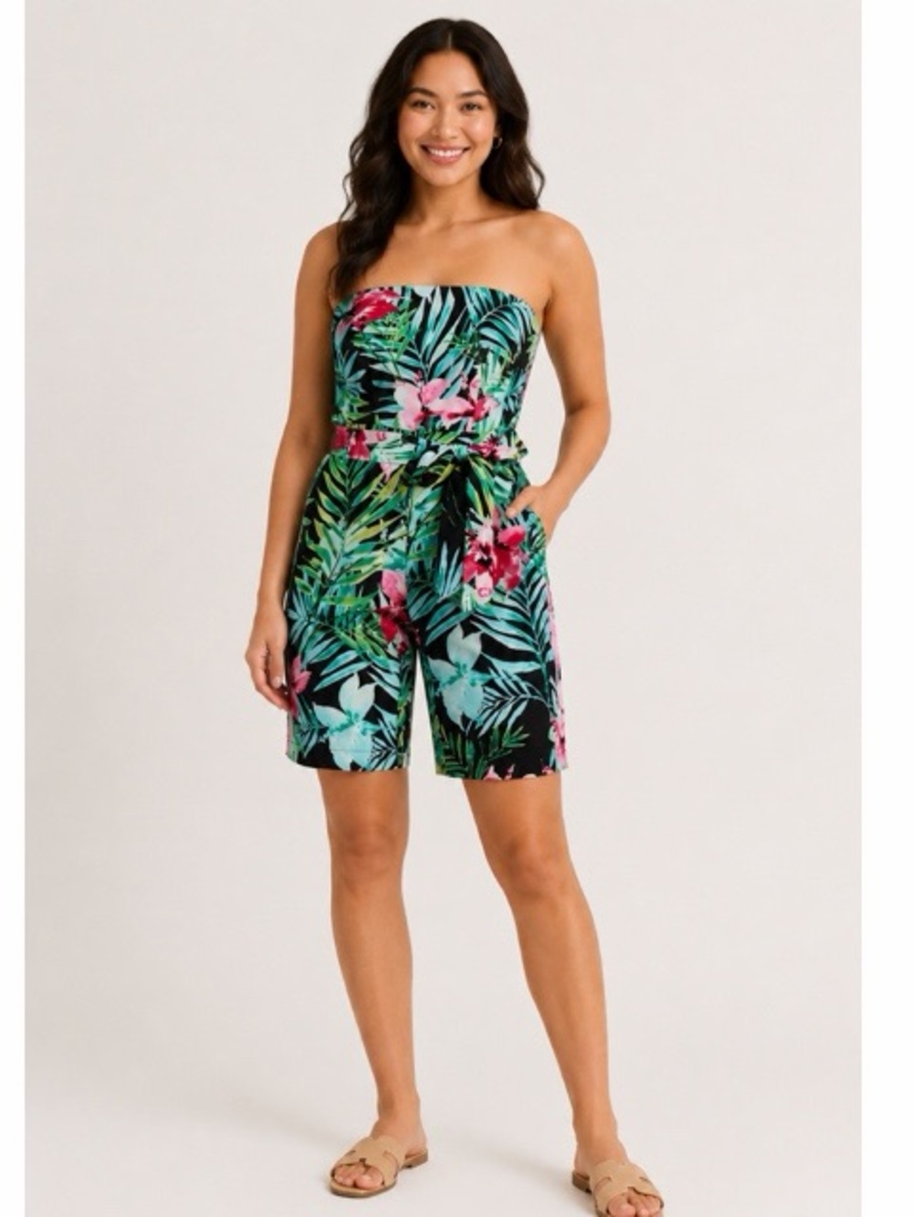 New York & Company Tropical Strapless Bermuda Romper